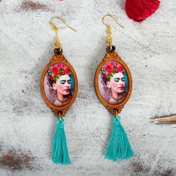 Alternate image for Handcrafted Frida Kahlo Wood Dangle Earrings Aqua Tassels Brilliant Frida