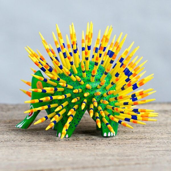 Alternate image for Yellow and Green Copal Wood Alebrije Porcupine Sculpture Cute Porcupine