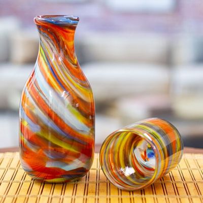 Alternate image for Set of Handblown Recycled Glass Carafe with Matching Cup Whirling Colors
