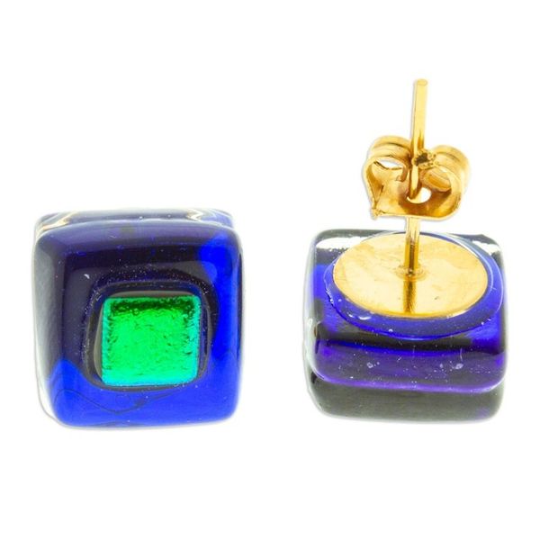 Alternate image for Blue  Green Fused Glass Mosaic Stud Earrings from Mexico Blue  Green Dichroic