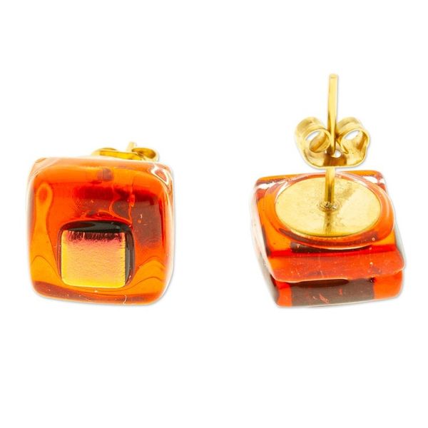 Alternate image for Orange Fused Glass Mosaic Stud Earrings Handmade in Mexico Orange Dichroic