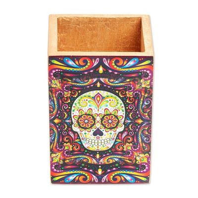 Alternate image for Pine Wood Pencil Holder with Day of the Dead Decoupage Convenient Skull