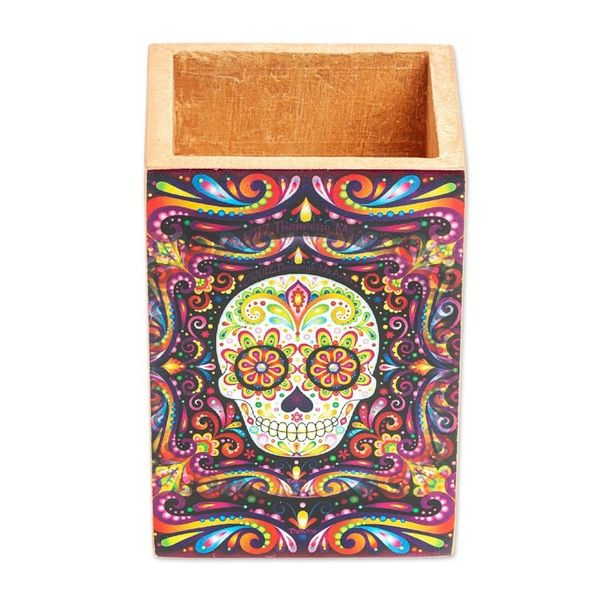 Alternate image for Pine Wood Pencil Holder with Day of the Dead Decoupage Convenient Skull