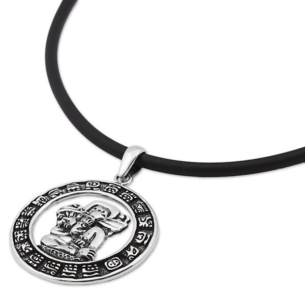 Alternate image for Sterling Silver and Rubber Aztec Pendant Necklace Mexico Time Carrier