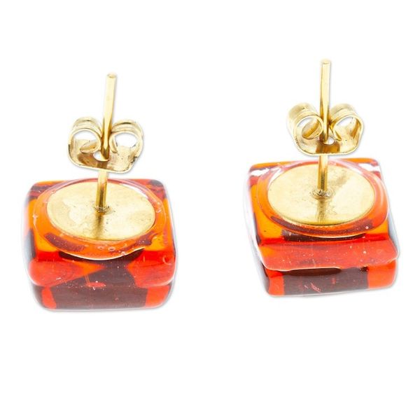 Alternate image for Orange Fused Glass Mosaic Stud Earrings Handmade in Mexico Orange Dichroic