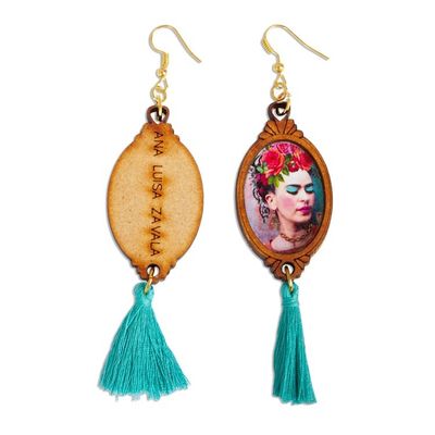 Alternate image for Handcrafted Frida Kahlo Wood Dangle Earrings Aqua Tassels Brilliant Frida