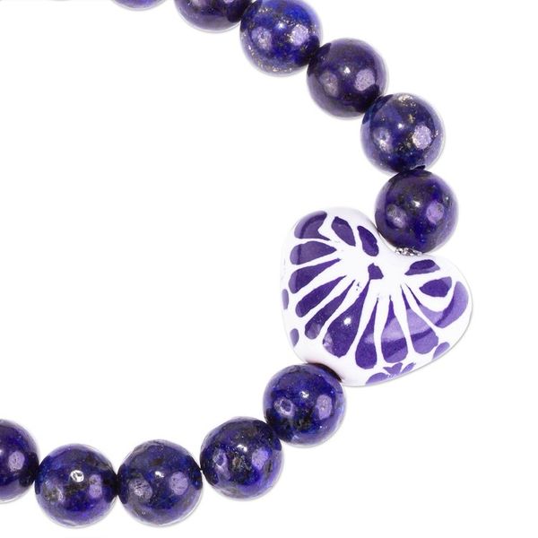 Alternate image for Lapis Lazuli and Talavera Style Ceramic Heart Bracelet Blue Puebla Heart