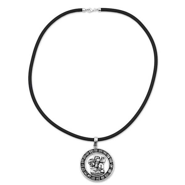 Alternate image for Sterling Silver and Rubber Aztec Pendant Necklace Mexico Time Carrier