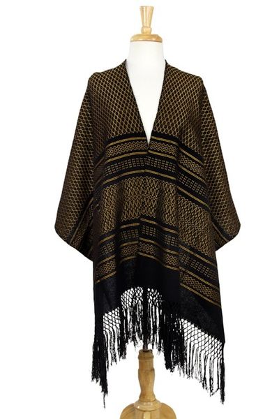 Alternate image for Zapotec Handwoven Rebozo Shawl in Black and Marigold Fiesta in Black and Marigold