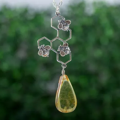Alternate image for Amber and Sterling Silver Bees in Honeycomb Necklace Sweet Honey