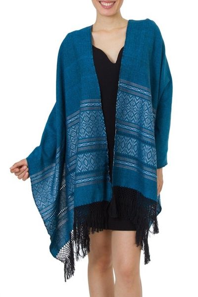 Alternate image for Mexican Geometric Cotton Patterned Shawl Blue Zapotec Treasures