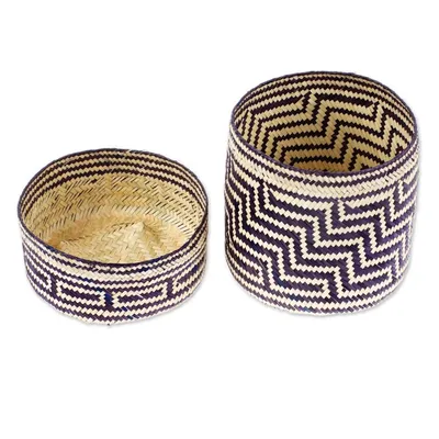 Alternate image for Blue Basket with Lid Hand-Woven from Palm Fiber in Mexico Little Navy Blue Trail