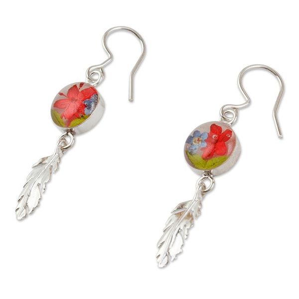 Alternate image for Sterling Silver and Dried Flower Dangle Earrings from Mexico Anahuac Red