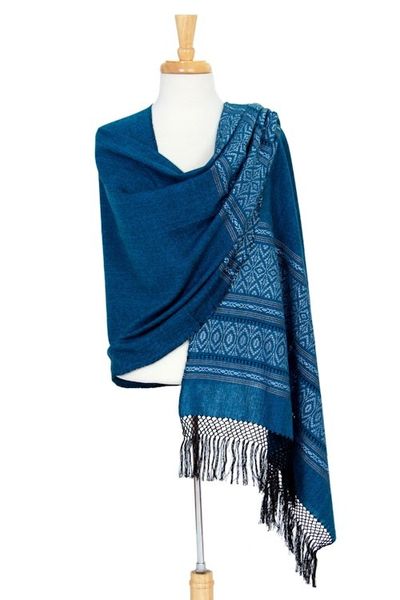 Alternate image for Mexican Geometric Cotton Patterned Shawl Blue Zapotec Treasures