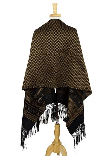 Alternate image for Zapotec Handwoven Rebozo Shawl in Black and Marigold Fiesta in Black and Marigold