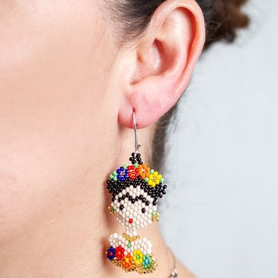 Alternate image for Frida Kahlo Glass Beaded Dangle Earrings from Mexico Golden Frida