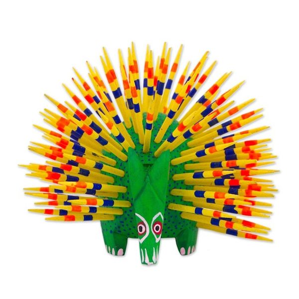 Alternate image for Yellow and Green Copal Wood Alebrije Porcupine Sculpture Cute Porcupine