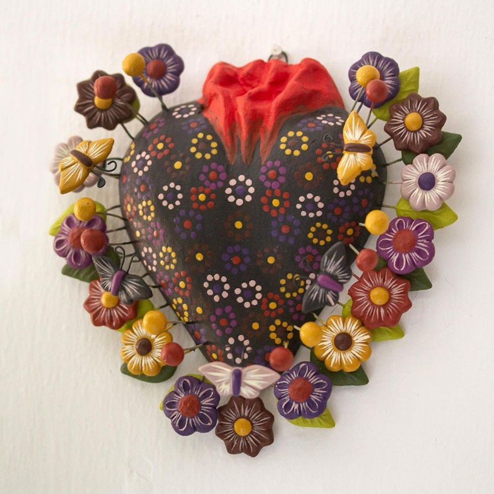 Ceramic Tree of Life Style Floral Heart Wall Sculpture 'Floral Butterfly Heart'