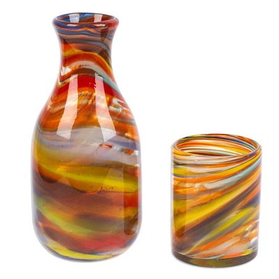 Alternate image for Set of Handblown Recycled Glass Carafe with Matching Cup Whirling Colors