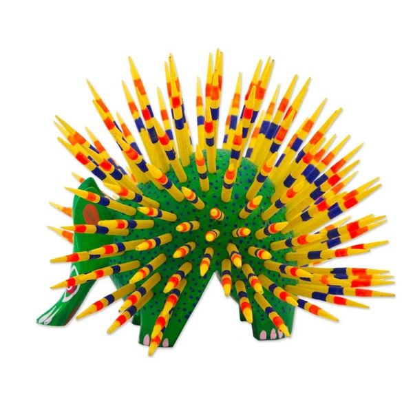 Alternate image for Yellow and Green Copal Wood Alebrije Porcupine Sculpture Cute Porcupine