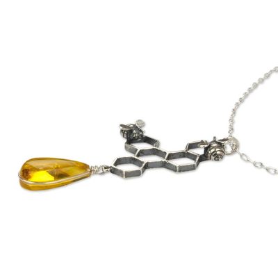 Alternate image for Amber and Sterling Silver Bees in Honeycomb Necklace Sweet Honey
