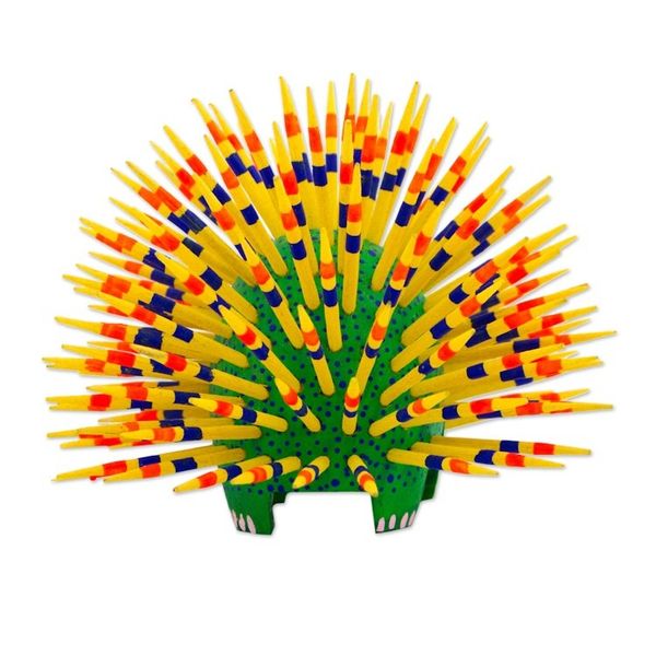 Alternate image for Yellow and Green Copal Wood Alebrije Porcupine Sculpture Cute Porcupine