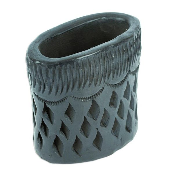 Alternate image for Barro Negro Black Ceramic Mini Flower Pot Handmade in Mexico Oval  Diamonds