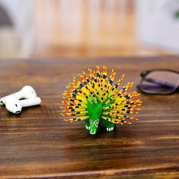 Alternate image for Yellow and Green Copal Wood Alebrije Porcupine Sculpture Cute Porcupine