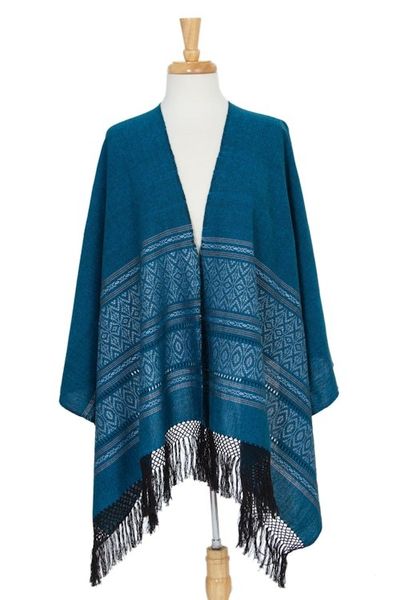 Alternate image for Mexican Geometric Cotton Patterned Shawl Blue Zapotec Treasures