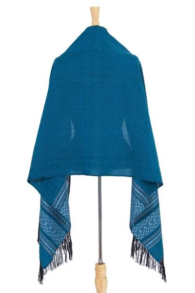 Alternate image for Mexican Geometric Cotton Patterned Shawl Blue Zapotec Treasures