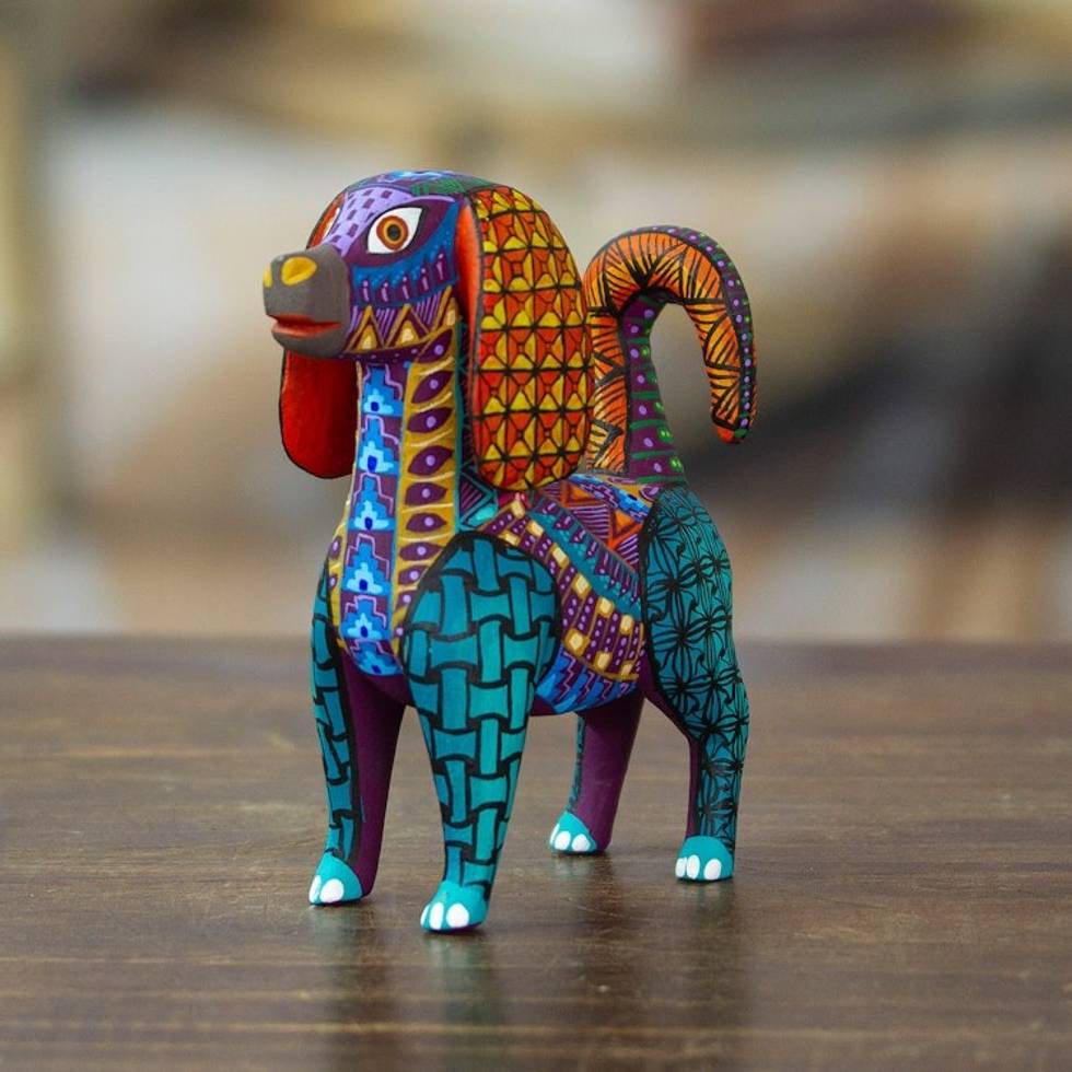 Colorful Wood Alebrije Dog Figurine Hand-Painted in Mexico 'Multicolored Dog'