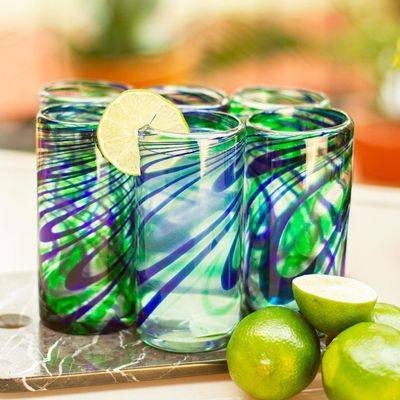 Alternate image for Set of 6 Hand Made Blown Glass Mexican Highball Glasses Elegant Energy