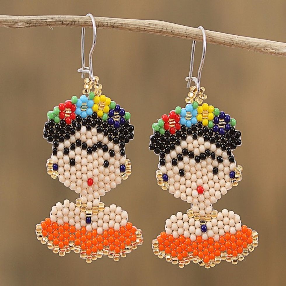 Glass Beaded Frida Dangle Earrings in Orange from Mexico 'Orange Frida'