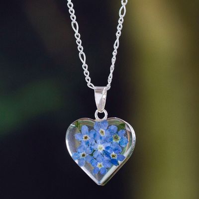 Alternate image for Natural Flower Forget-Me-Not Heart Necklace from Mexico Forget-Me-Not Heart