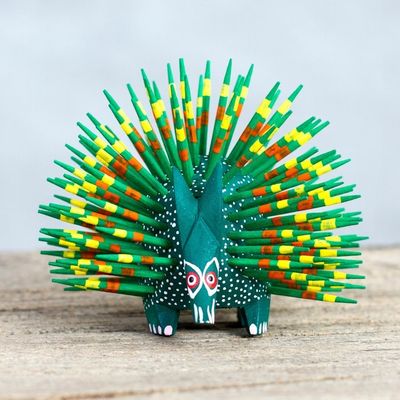 Alternate image for Copal Wood and Maguey Mexican Porcupine Sculpture in Green Cute Porcupine in Green