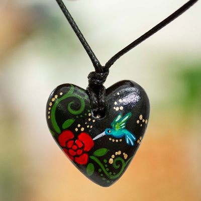 Alternate image for Hand Painted Heart Shaped Hummingbird Pendant Necklace Night Hummingbird Heart
