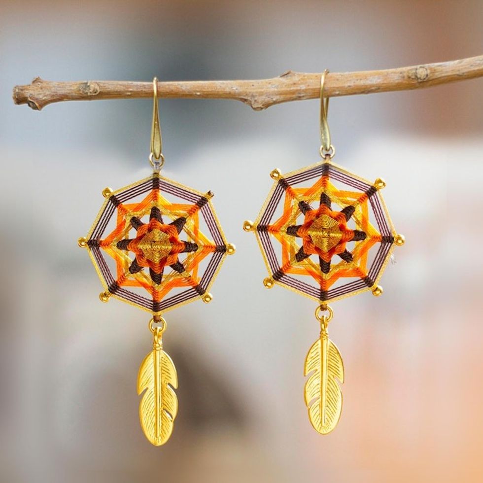 Gold-Plated Brass Mandala Dangle Earrings with Feathers 'Feather Mandala'