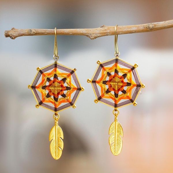 Alternate image for Gold-Plated Brass Mandala Dangle Earrings with Feathers Feather Mandala