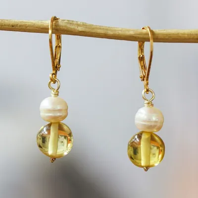 Alternate image for 14k Gold-Plated Dangle Earrings with Amber Beads and Pearls Warm Pearly Orbs