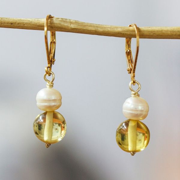 Alternate image for 14k Gold-Plated Dangle Earrings with Amber Beads and Pearls Warm Pearly Orbs