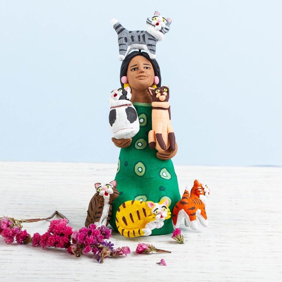 Ceramic Cat Woman Sculpture in Green from Mexico 'Woman with Cats in Green'