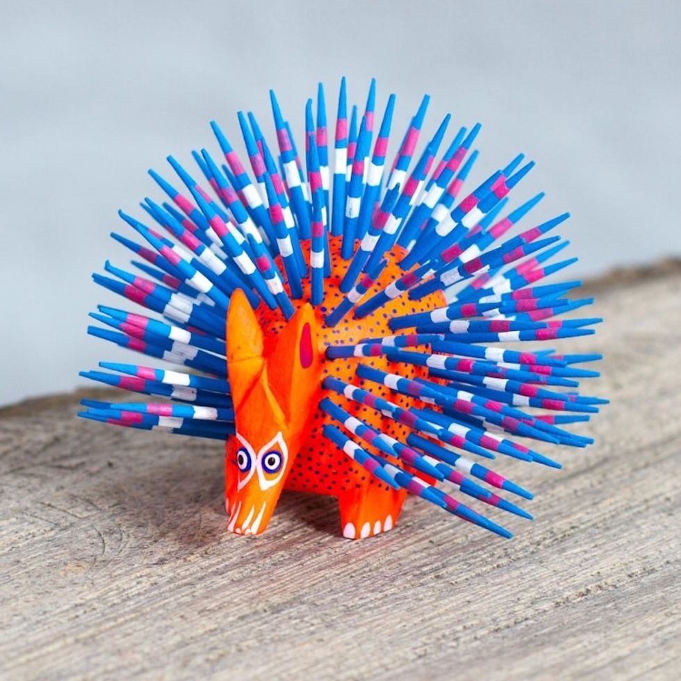 Copal Wood Alebrije Porcupine Sculpture in Red and Blue 'Cute Porcupine in Red'