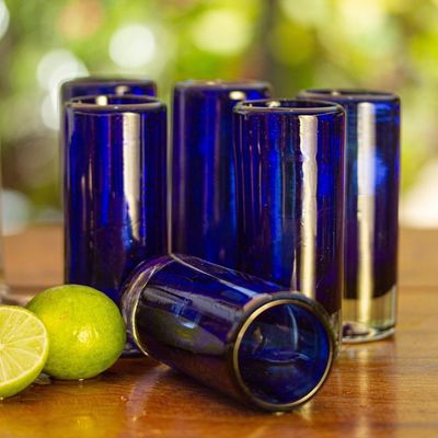 Alternate image for Set of 6 Blue Hand Blown Mexican Tequila Shot Glasses Pure Cobalt