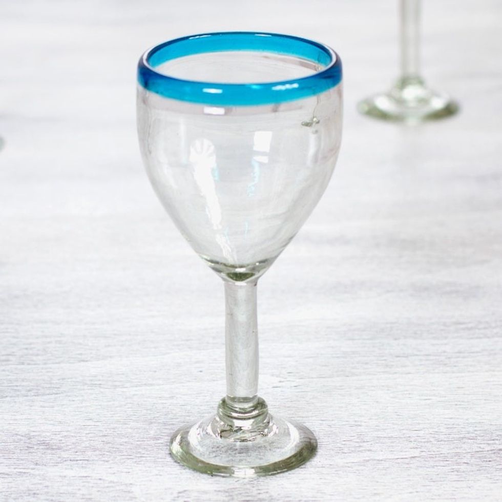 Clear with Aqua Rim Hand Blown 8 oz Wine Glasses Set of 6 'Aquamarine Kiss'