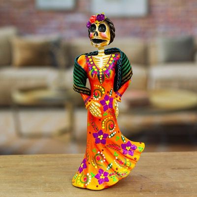 Alternate image for Mexican Catrina Statuette Made with Recycled Papier Mache Colorful Catrina