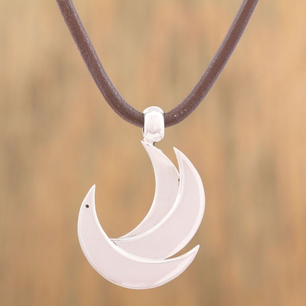 Adjustable Silver Crescent Pendant Necklace from Mexico 'El Avemaria'