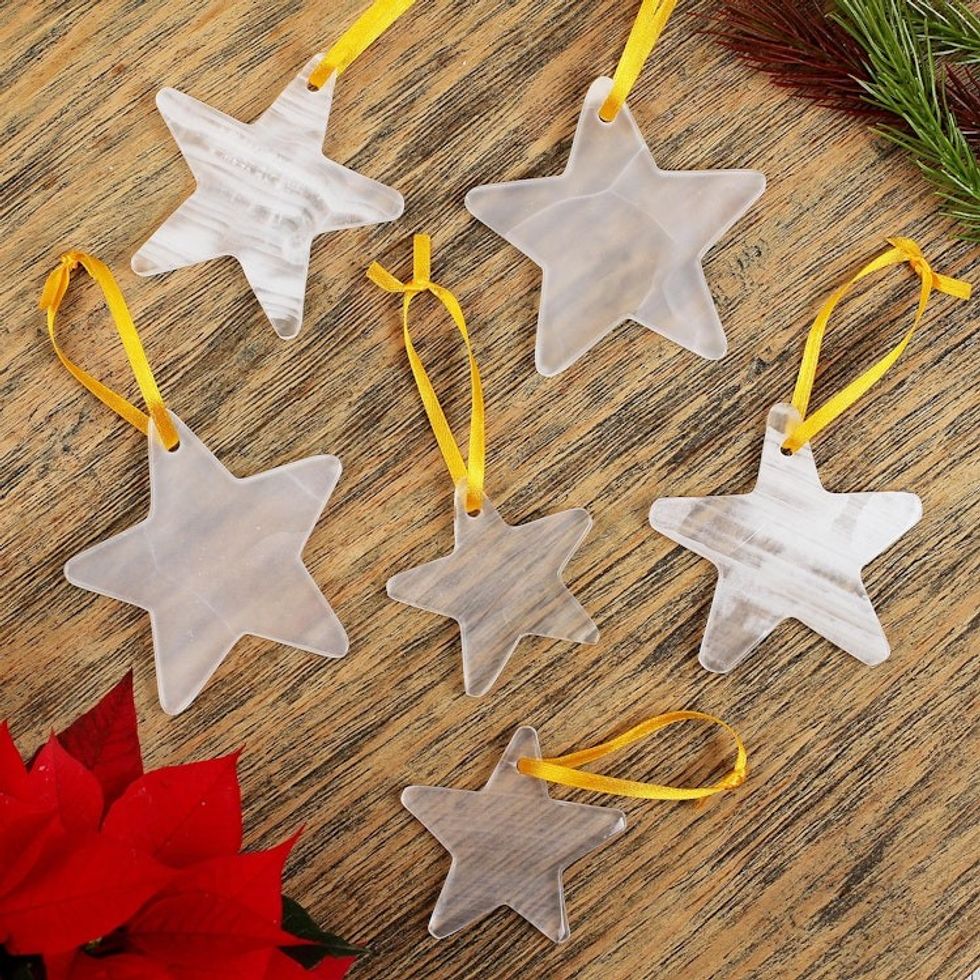 Set of 6 Natural Onyx Star Ornaments Handcrafted in Mexico 'Star of the East'