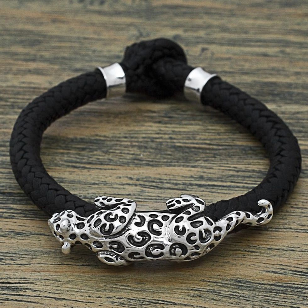Hand Made Leather Sterling Silver Braided Bracelet Mexico 'Life of the Jaguar'