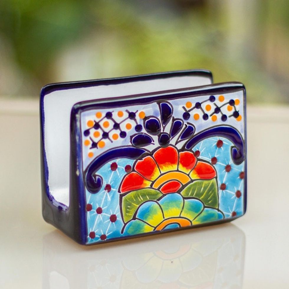 Hand-Painted Talavera Ceramic Napkin Holder from Mexico 'Raining Flowers'