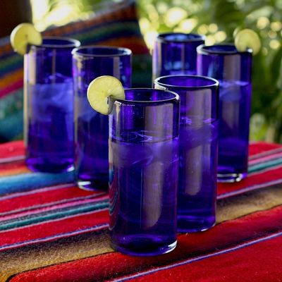 Alternate image for Blue Handblown Glass Cocktail Drinkware Set of 6 Pure Cobalt